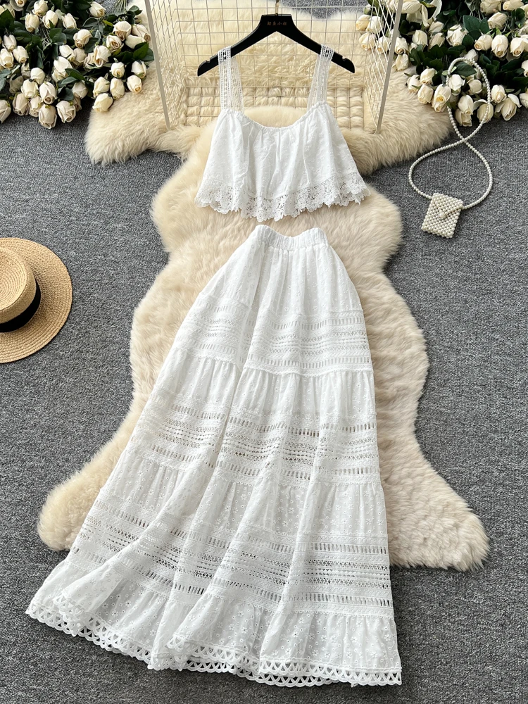 

Ele, белый кружевной комплект из двух предметов, женский летний полый жилет с вышивкой на бретельках, юбка, утягивающий ансамбль, повседневный комплект для поездок на работу