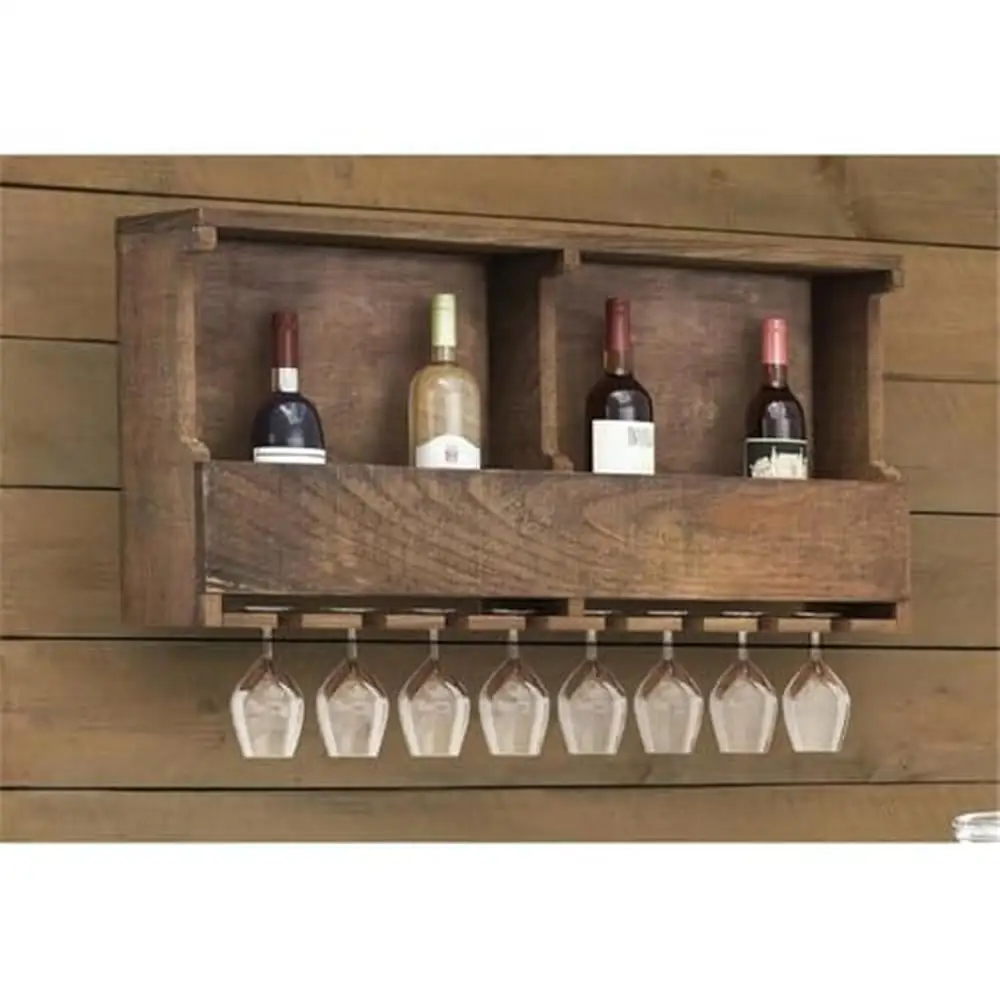 Rustic Wall-Mounted Wine Rack Shelf Holder Solid Wood Glass Organizer Industrial Bar Furniture Organization and Storage Solution