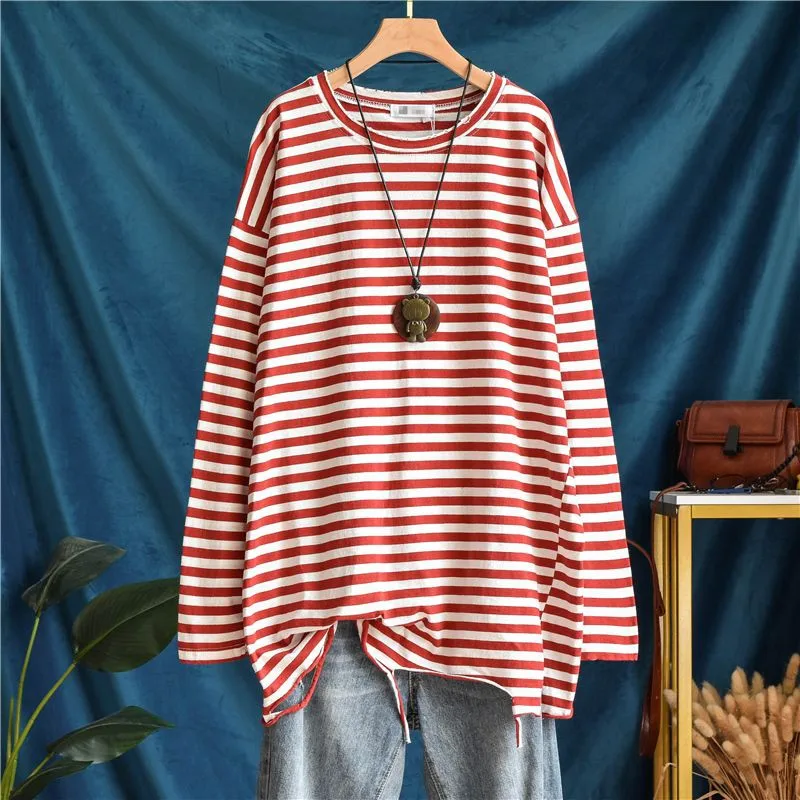 Spring Summer New Arts Style Women Long Sleeve Hole Design Loose O-neck Tee Shirt Femme Tops Cotton Stripe Casual T-shirt C863