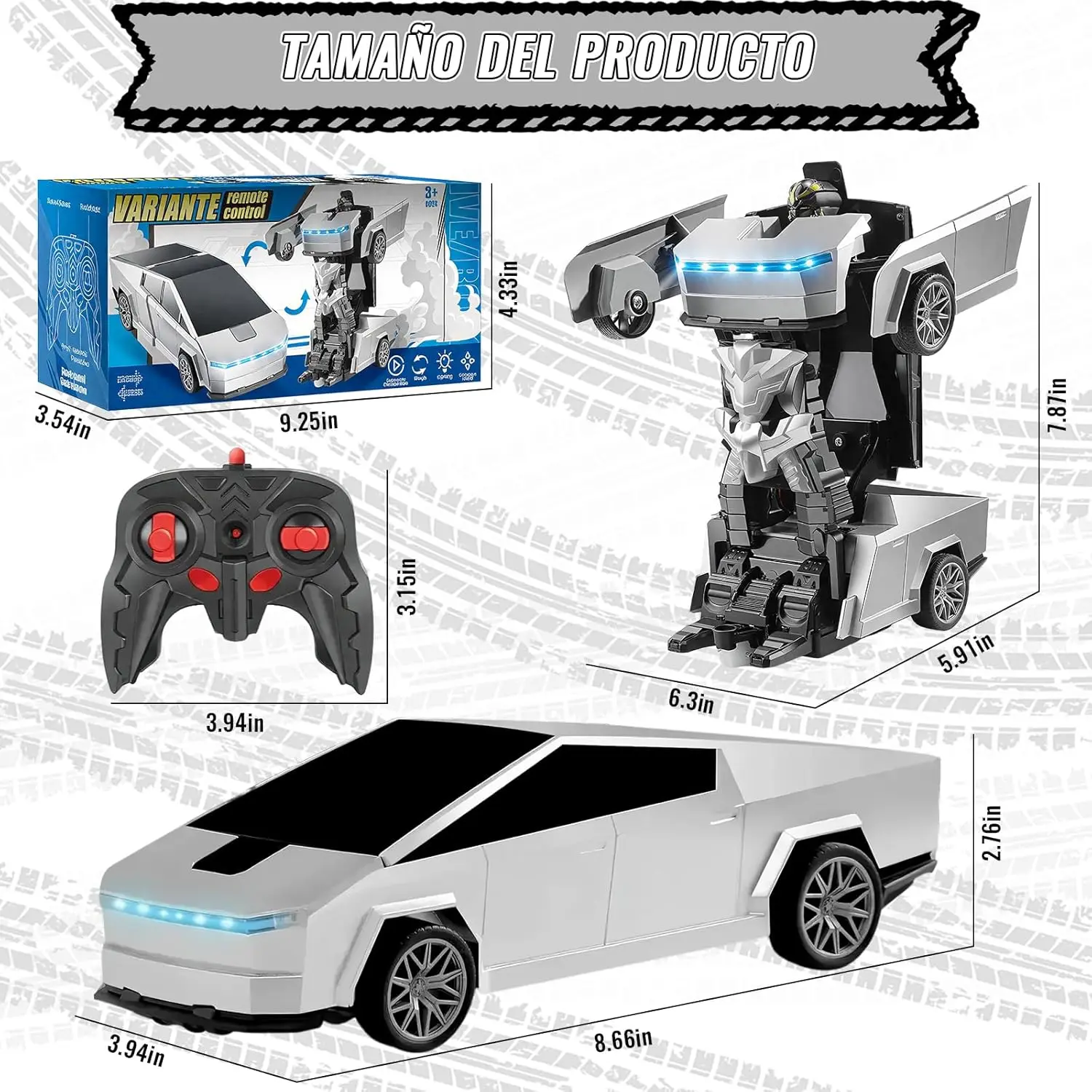 Samochód-transformer RC 2.4G - Transformacja jednym przyciskiem 360 °   Zabawka dla dzieci: driftujący pojazd z efektem chłodnego światła, automatyczna demonstracja, ładowanie przez USB, idealna na prezent.
