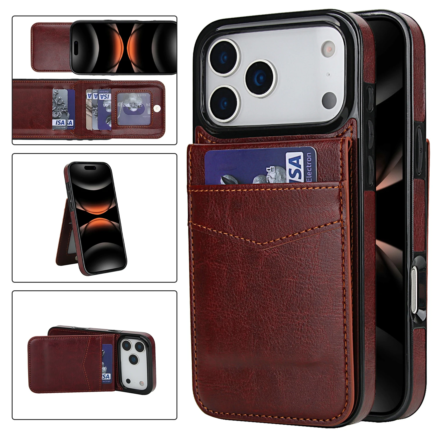 Stehen Flip Karte Halter Telefon Fall für Für IPhone 17 Air 16E 16 Pro Max 15 14 Plus 11 13 12 Mini XR XS Brieftasche Retro Leder Abdeckung