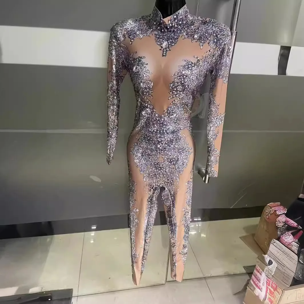 생일 여성 송 DJD 무대 의상 고공 섹시 페이크 미트 라인스톤 프린트 점프수트 공연 의상