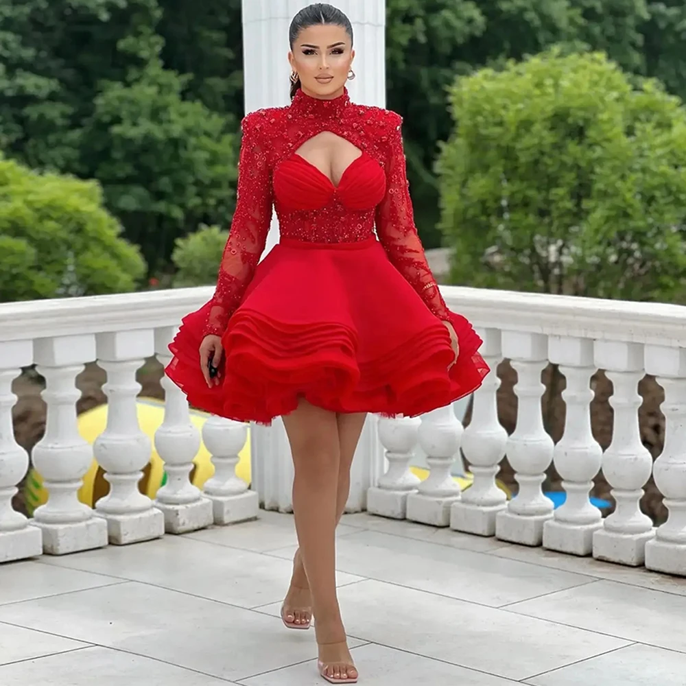 

Delicate Red Organza Evening Dress Exquisite High Collar Long Sleeves Customized Cocktail Dresses Bespoke Occasion Gowns