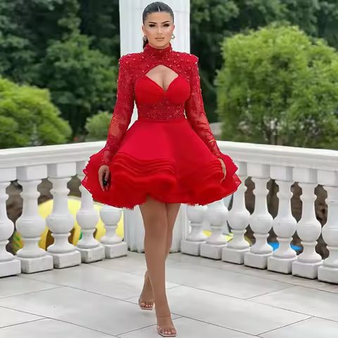 Delicate Red Organza Evening Dress Exquisite High Collar Long Sleeves Customized Cocktail Dresses Bespoke Occasion Gowns