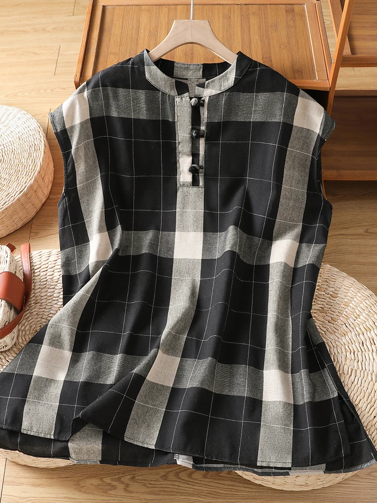 

Summer Women's Shirt with Shoulder Wrap Artistic Large Size Plaid Mid-Length Color Block Button down Casual Breathable Top