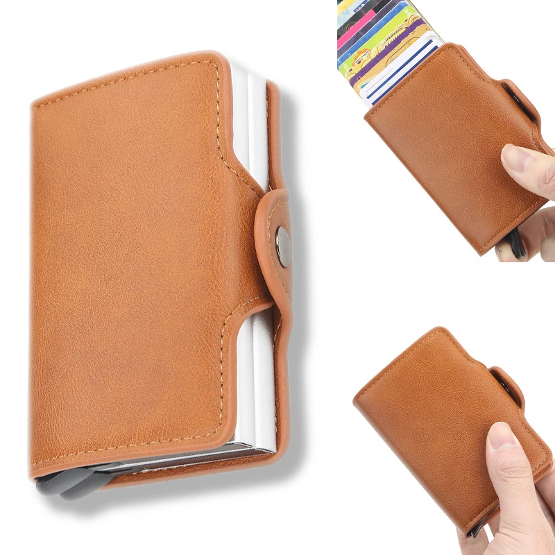 Credit Card Holder Card Holders for Men RFID  Aluminum Alloy Anti-theft Brush Card Holder Magnetic Buckle Card Holder PU Leather