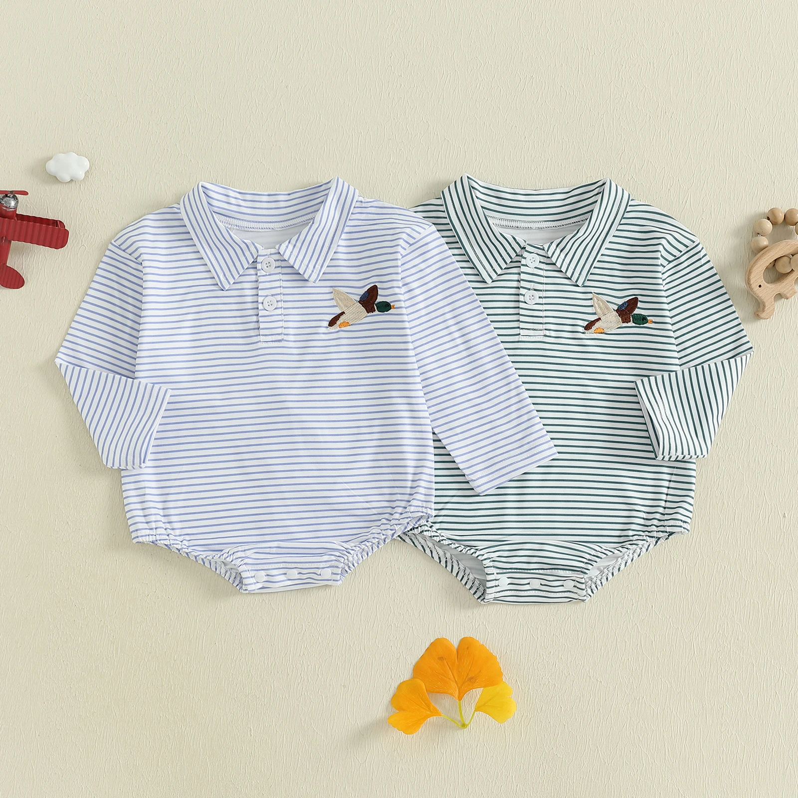 

Lioraitiin Toddler Baby Boy Romper Casual Duck Embroidery Striped Lapel Long Sleeve Jumpsuit Infant Cute Outfit