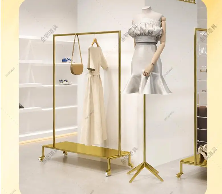 Clothing store display rack floor stainless steel titanium gold hanging clothes rack women's clothing store Nakajima display