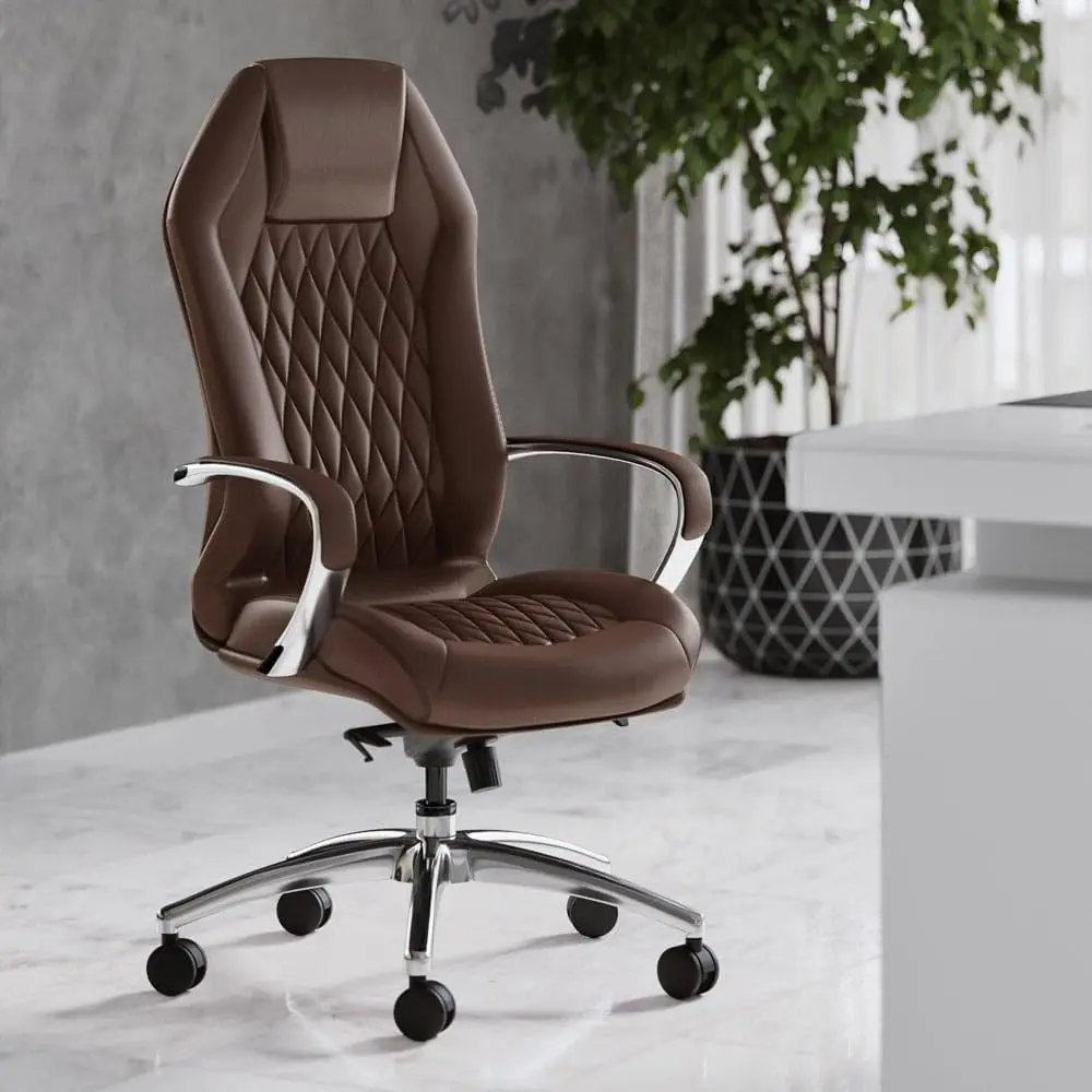 Furniture Modern Ergonomic Sterling Genuine Leather Executive Chair With Aluminum Base - Dark Brown