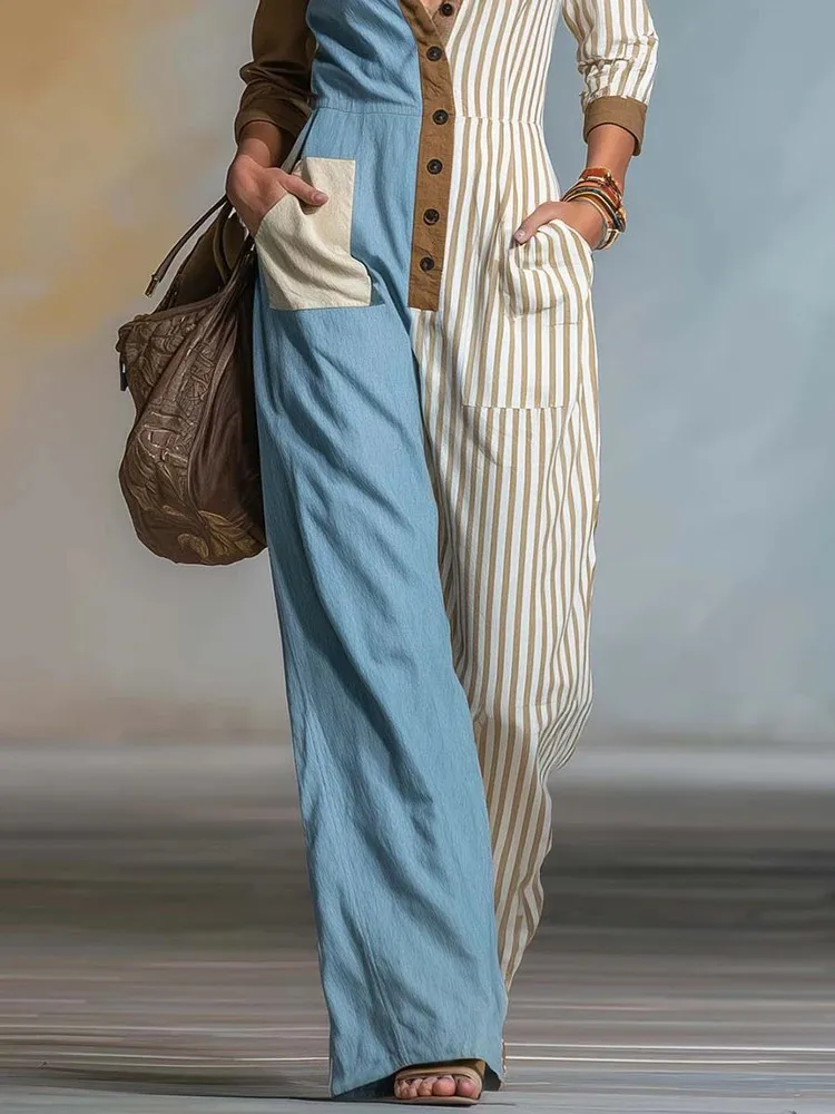 Women's Boho Style Patchwork Stripe Jumpsuit with Lapel Collar Long Sleeve Wide Leg One Piece Outfit Featuring Side Pockets