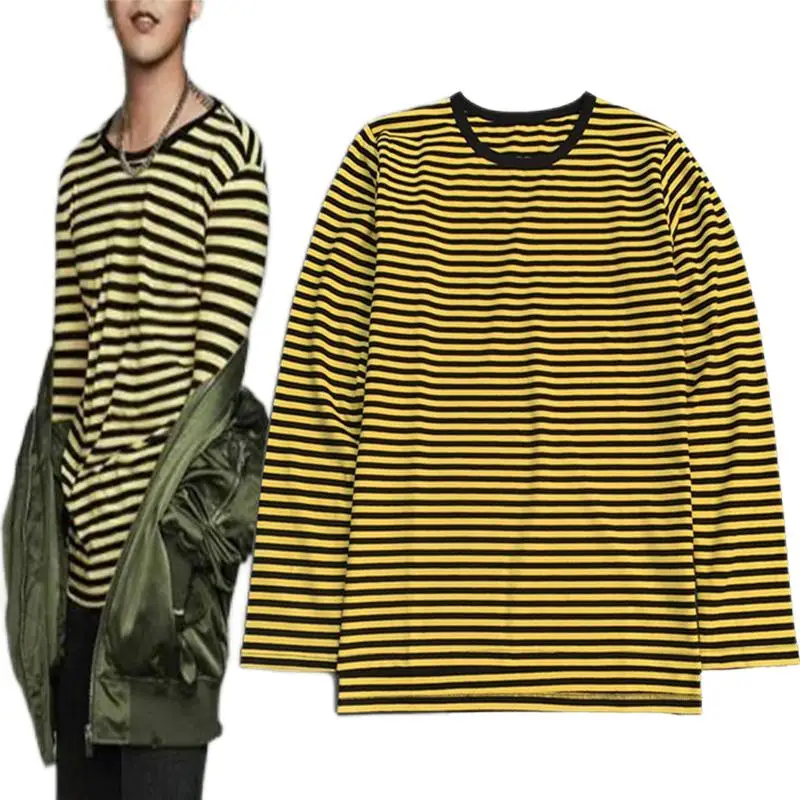 

KPOP GD Same Style Men Long Sleeve Striped T-Shirt 2024 Spring Summer 100% Cotton Pullovers Casual Tee Shirt