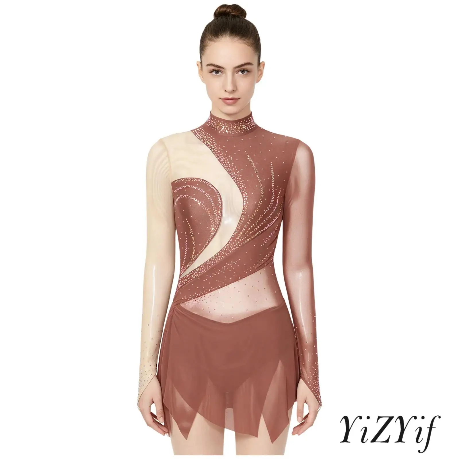 

Womens Latin Dance Bodysuit Dress Rhinestone Sheer Mesh Long Sleeve Irregular Hem Color Block for Gymnastics Figure Skating