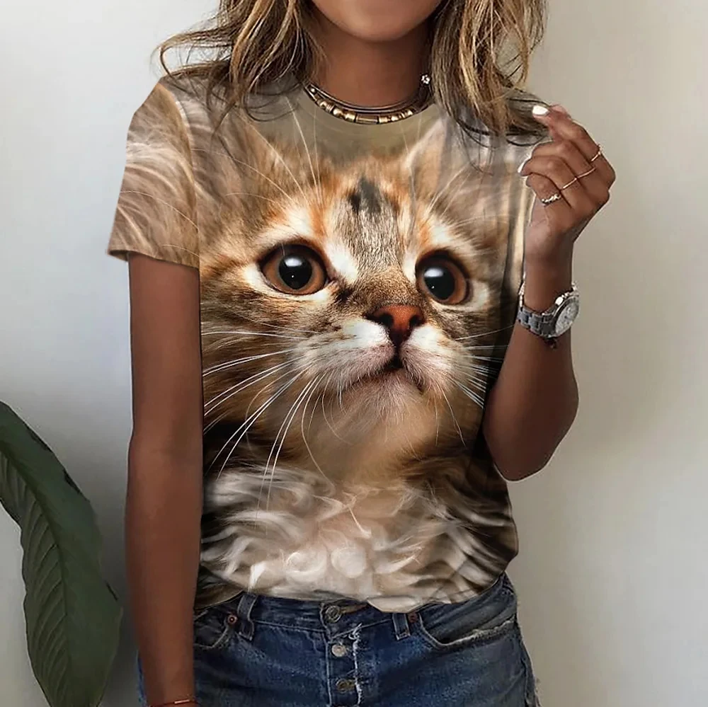 Camisetas con estampado de gato en 3D para mujer, camiseta Harajuku de manga corta, camiseta informal Kawaii para niñas, ropa Unisex de gran tamaño