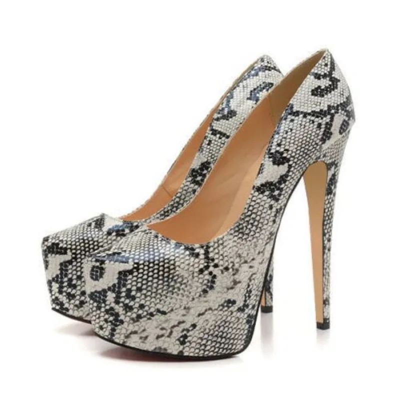 Women Pumps White Snake Pattern Super High Heel Shoes Fashion Round Toe Shallow Mouth Platform Bride Comfortable Women's Shoes