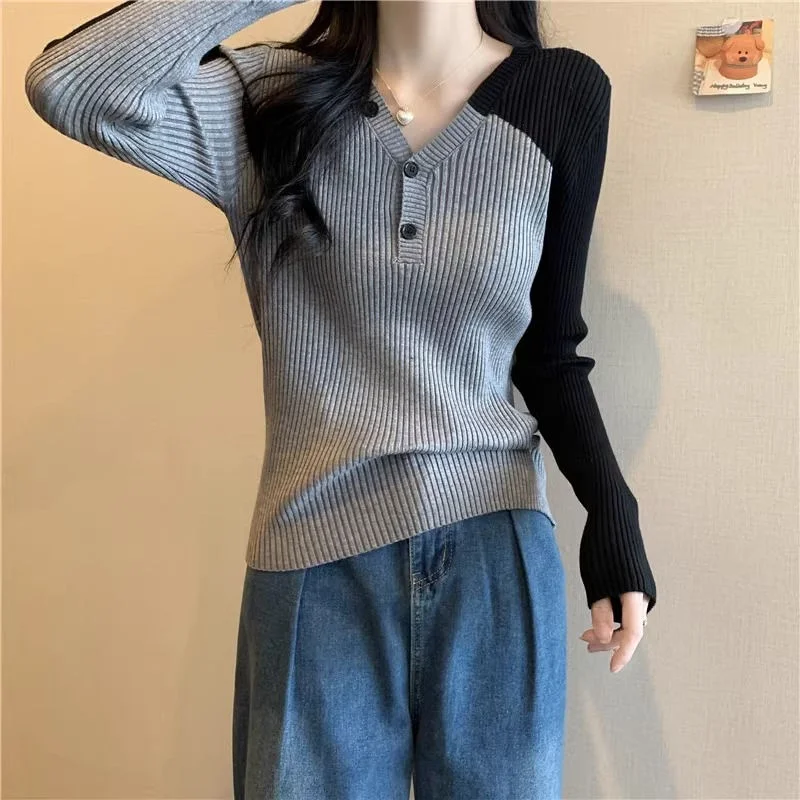 2026 Women Color Block V Neck Knit Top Slim Fit Long Sleeve Sweater New Autumn Winter Inner Basic Casual Pullover