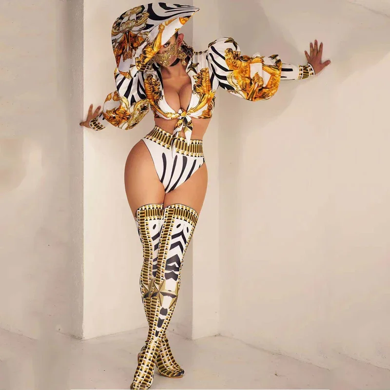 Gogo راقصة زي النساء ملهى ليلي DJ حفلة DS نفخة الأكمام السراويل العليا غطاء القدم دعوى أغطية الرأس مثير القطب الرقص الملابس XS2936