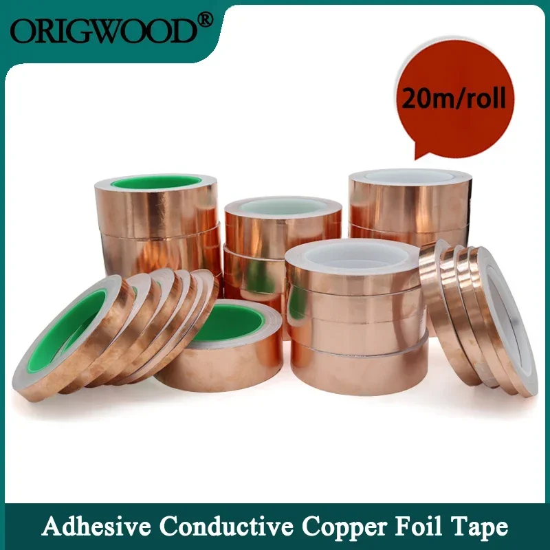 20m/roll Adhesive Conductive Copper Foil Tape 5/6/8/10/15/20/25/30/35/40/45/50/60mm Single/Double Sided Electrical Repair Tapes