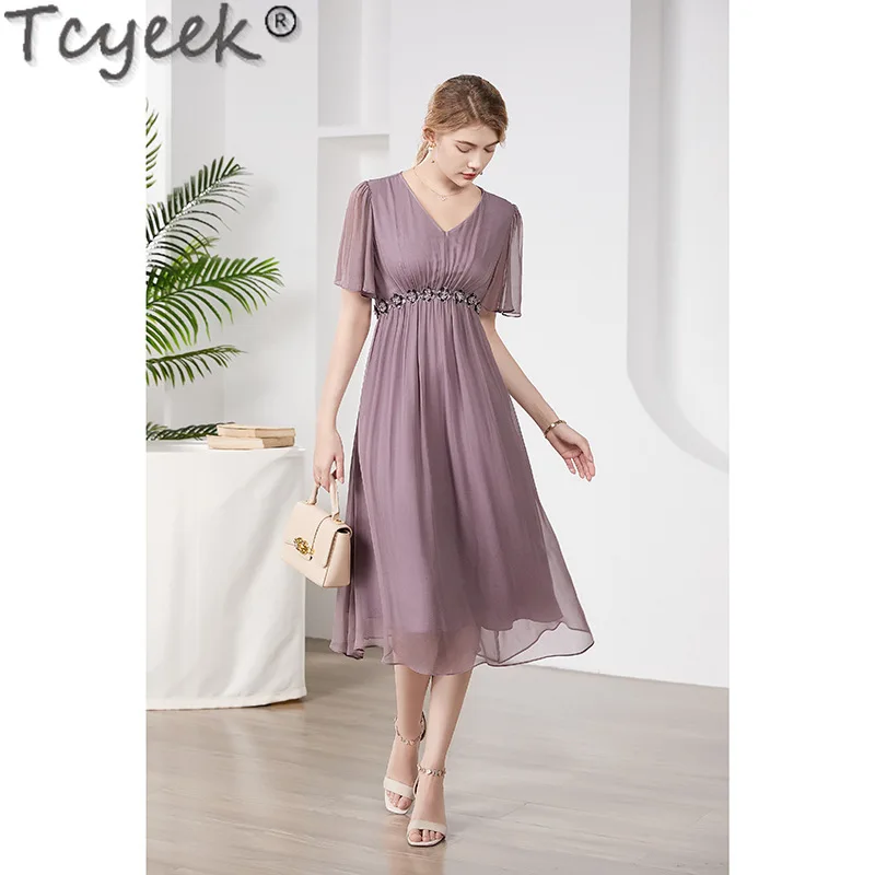 

Tcyeek 100% Mulberry Real Silk Dress High-end Midi Dress Summer Womens Dresses Elegant Dresses for Women Clothing French Style