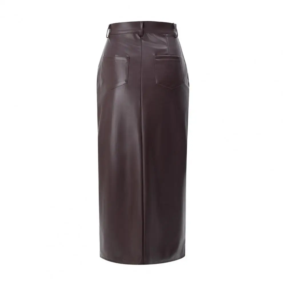 Comfortable Faux Leather Skirt Faux Leather Maxi Skirt with High Waist Windproof Velvet Lining Solid Color Slit Hem for Women
