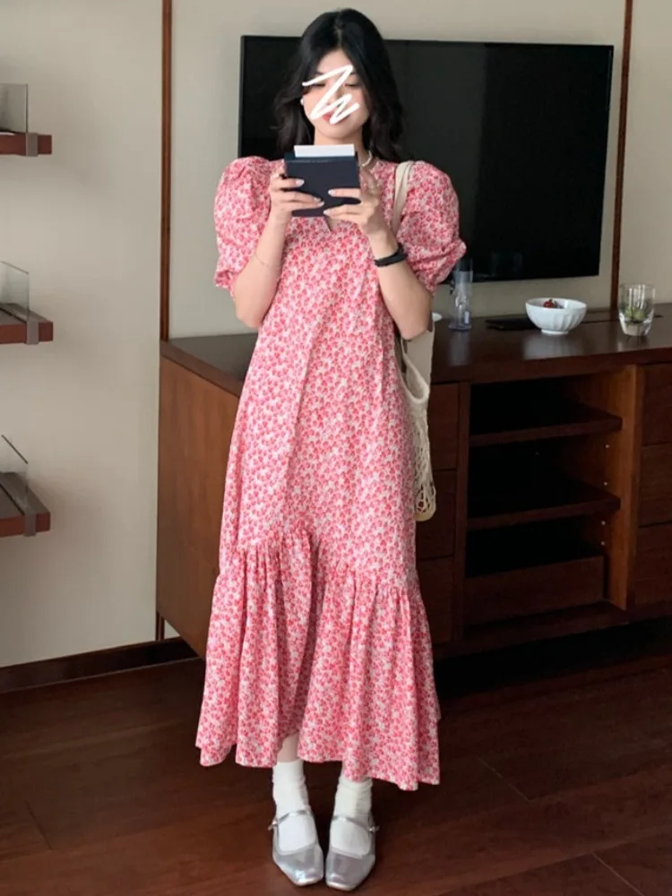 Korean Sle Sweet Summer V-ne Floral Print Loose Splice Blouse Sve Dr Women's Puffy Sve Maxi Dr Lantern Sve