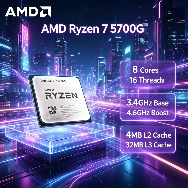 Procesador AMD Ryzen 7 5700G R7 5700G, Arquitectura Zen3, 7nm, PCIe 4.0, 8 Núcleos, 16 Subprocesos, 4.6GHz, AM4, APU de Escritorio