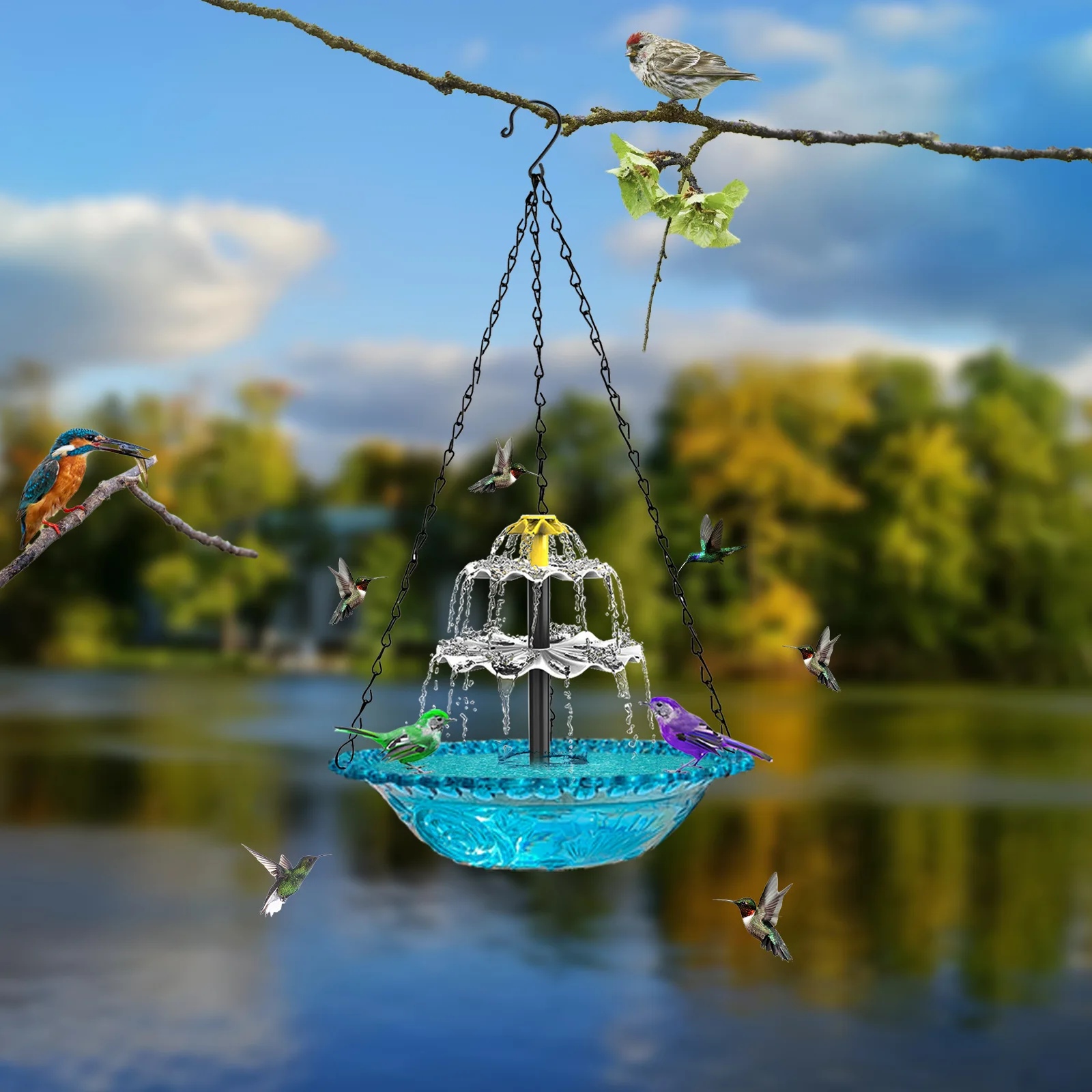 Solar powered floating bird bath fountain, outdoor balcony bird feeder, suspended bird feeder