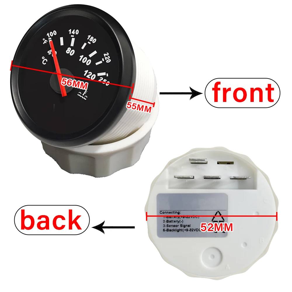 ELING 52mm Water Temp Meter Temperature Gauge Indicator for Motorcycle RV Auto Yacht Boat 12V 24V With Red Backlight