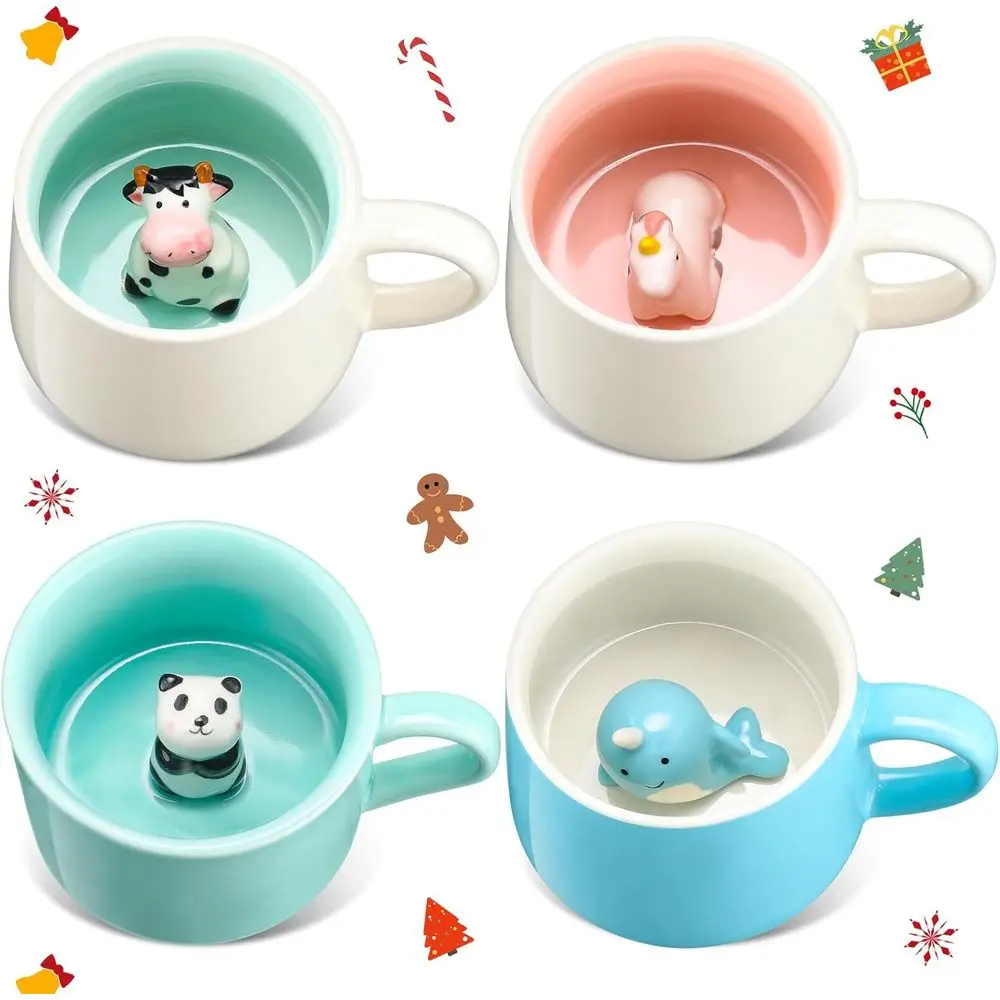 

4 Pieces 3D Animal Inside Mug 3D Animal Coffee Mugs Cute Figurine Ceramics Cup Hidden 3D Unicorn Whale Panda Cow Inside Mug for