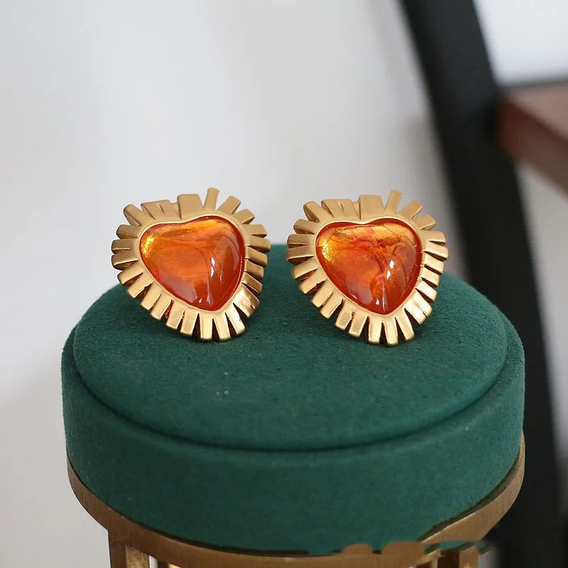 Vintage Orange Crystal Heart Pendant OT Chain Necklace For Women Jewelry Runway Party T Show Fancy Trendy Boho INS Japan