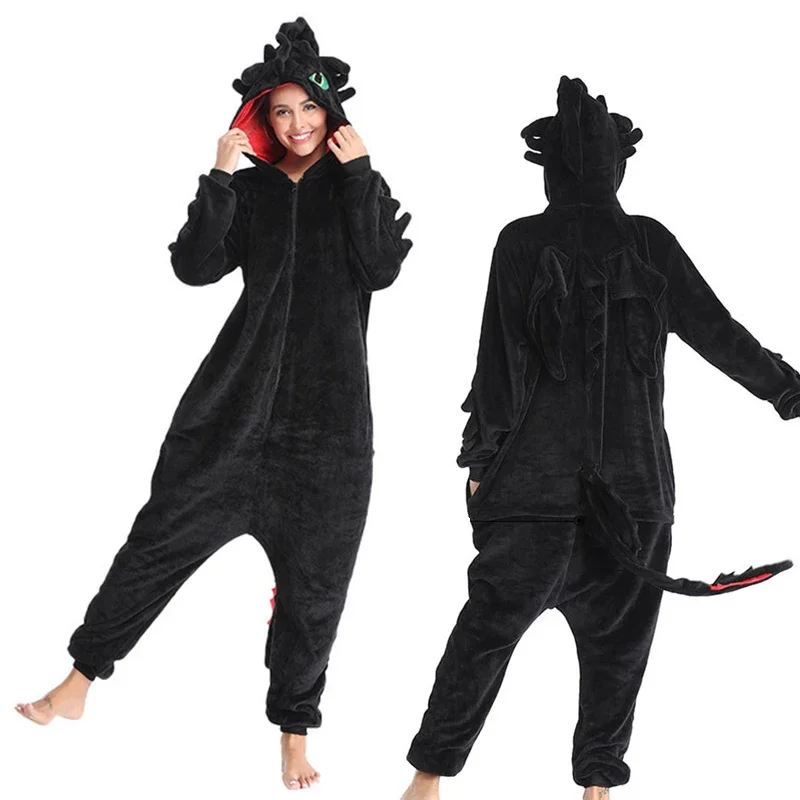 Dragon Black Onesie Kids Adult Unisex Flannel Pajama Anime Train Your Night Fury Sleepwear Home Wear E46762AC