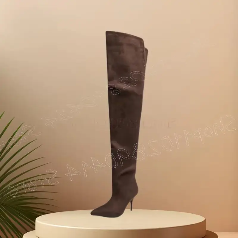 

Brown Suede Pointed Toe Thigh High Boots Side Zipper Women Shoes Thin High Heels Party Banquet Dating 2026 Zapatos Para Mujere