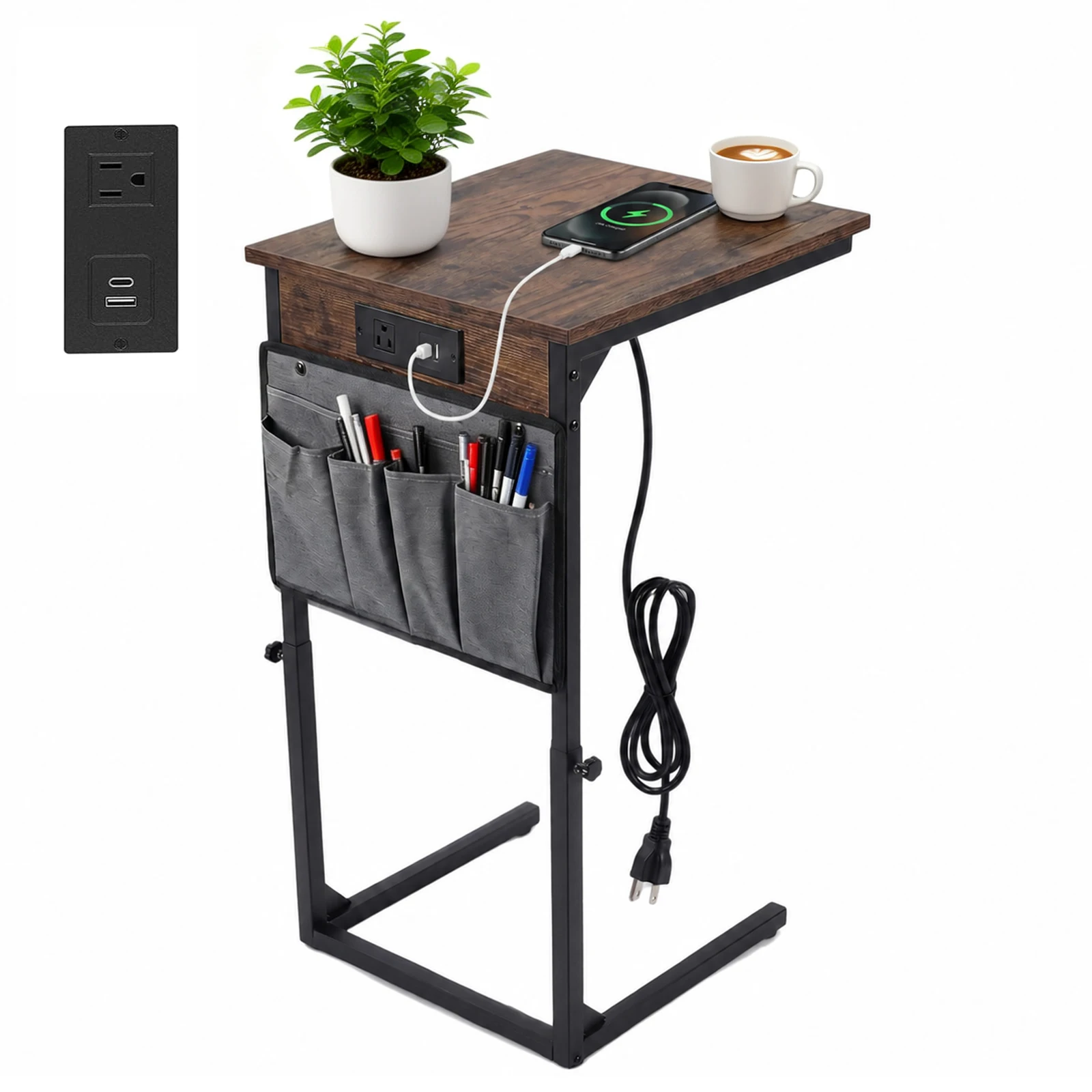 C Shaped End Table With Charging Station, Adjustable Height Side Table For Couch, Slide Under Sofa TV Tray With USB C AC Outlet