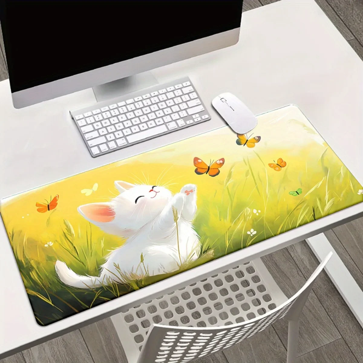 Cute White Cat Gaming Mouse Pad Minimalist HD Print Non-Slip Rubber Desk Mat for Office Laptop Perfect Gift for Family Friends