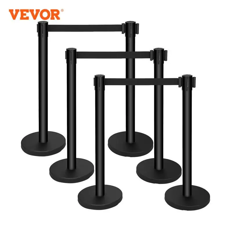 VEVOR 6 Pcs / Set Black Belt Stanchion Queue Posts Stand Rope Retractable Crowd Barrier Stainless Steel Crowd Control for Party