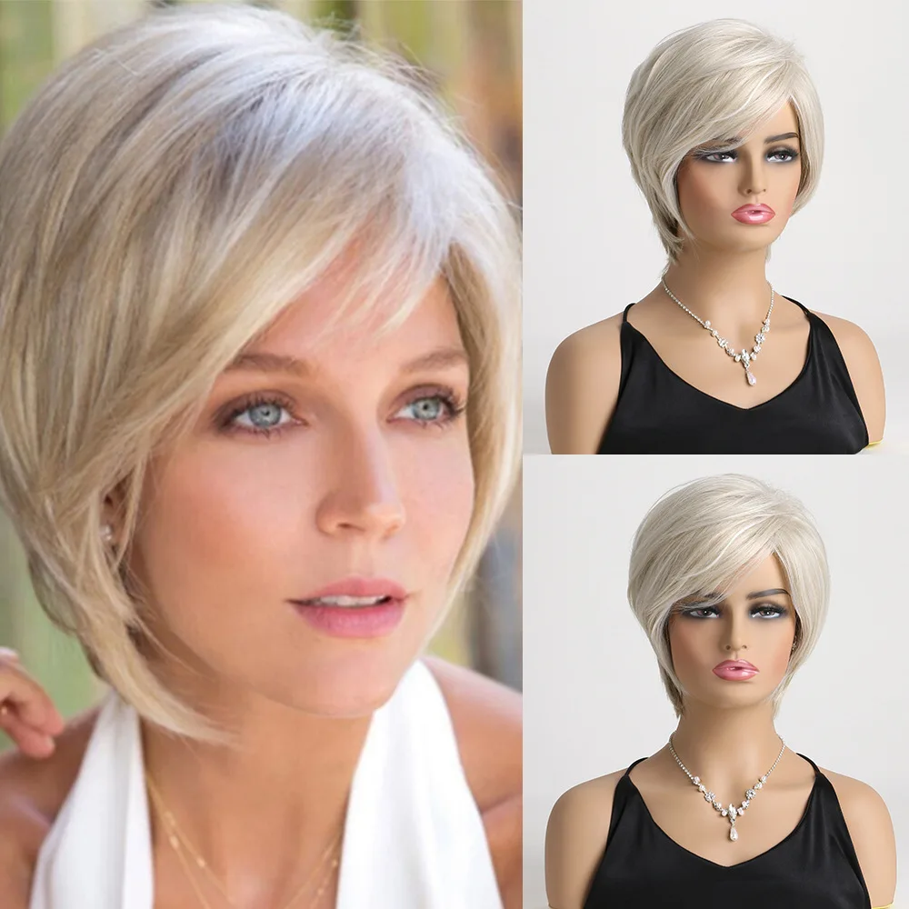 

Popular light gold women's fashion wig, natural casual slanted bangs, chemical fiber short hair