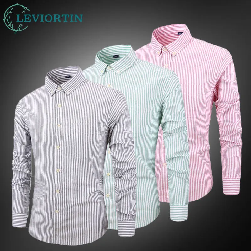 

Men's Striped Oxford Shirts Retro Cotton Long Sleeve Lapel Collar Shirt Loose Work Shirt Coats Casual Outerwear Button Down Tops