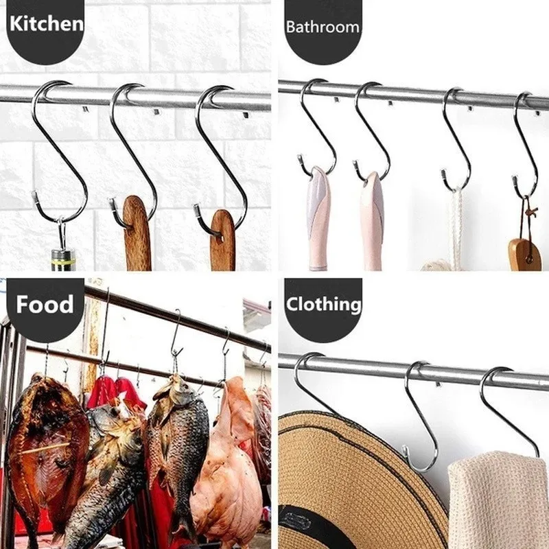 Stainless Steel S Hooks with Sharp Tip Utensil Clothes Hanger Multi-function Hang Hooks for Butcher Shop Kitchen Baking Tools