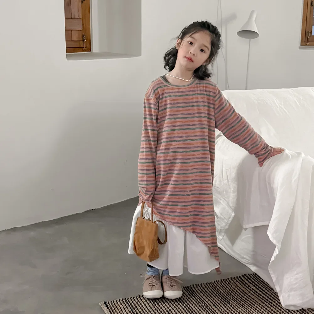

Spring Little Girl Dress Cotton Contrast Stripe Long Sleeve Baby Girl Dress Casual Round Collar Irregular Spliced Kid Girl Dress