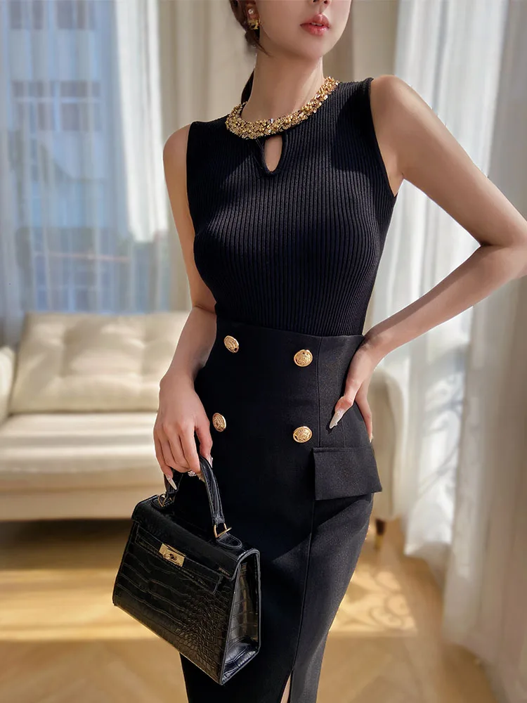 DABUWAWA Tienda Vestidos Elegantes Para Embroidered Flares Diamonds Knitted Vest Sweater Women’s Screw Thread Y2k DA1BJS003