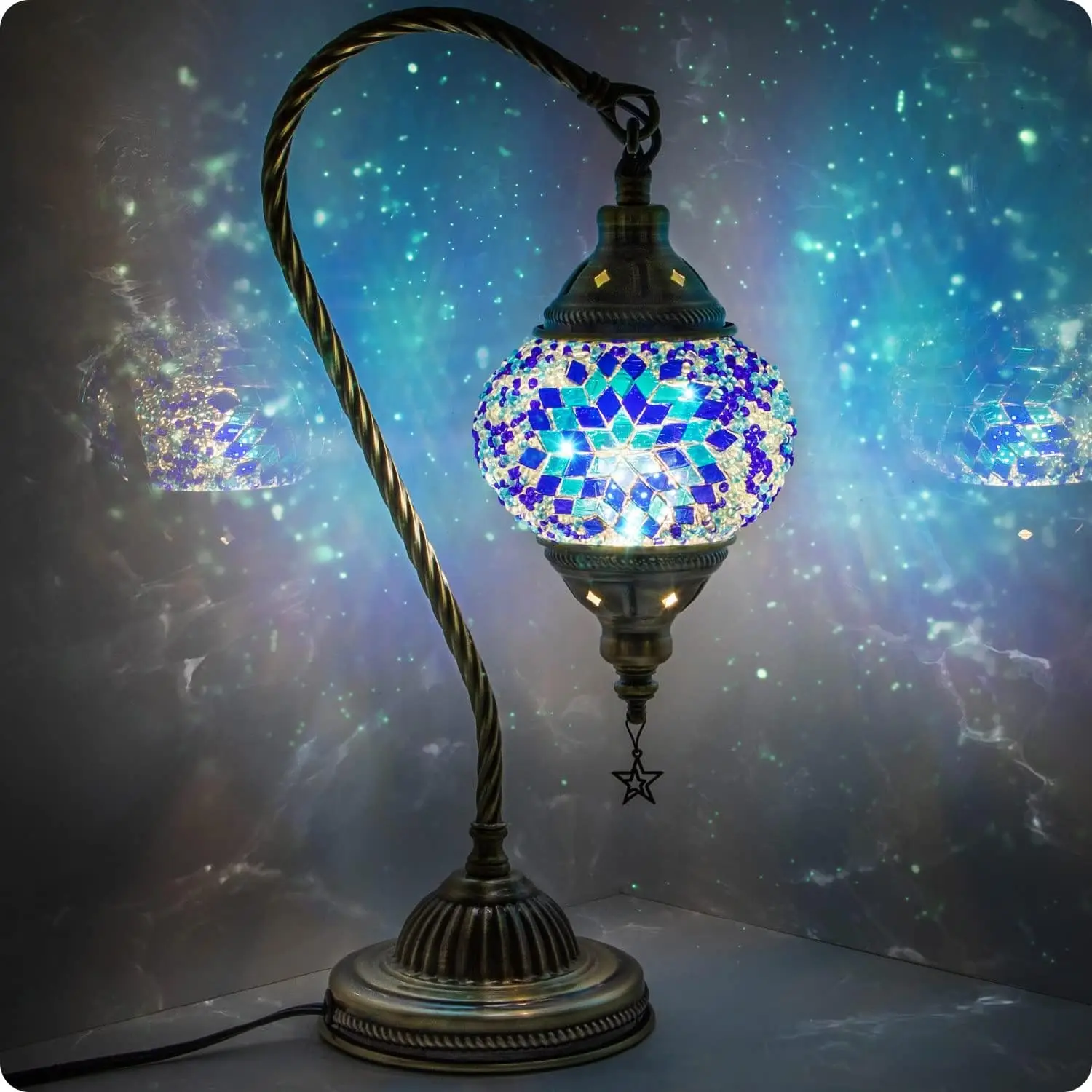 

Handmade Turkish Moroccan Swan Neck Tiffany Mosaic Glass Bedside Lamp with Bronze Base, 3 Color Options, LED Bulb Included