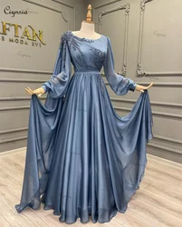 Ciynsia Long Sleeve Muslim Evening Dresses A-Line Scoop Neck Arabic Dubai Formal Party Gowns Beads Lace Robe De Soiree Prom