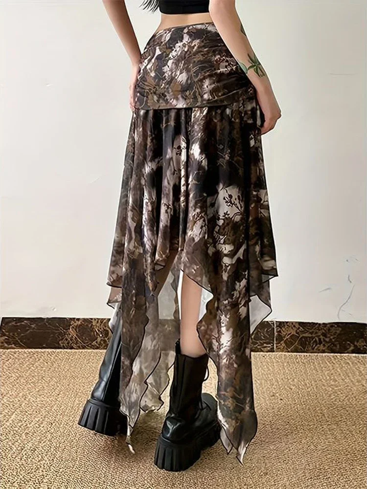 Jupe mi-longue rétro pour femmes, maille imperméable, Patchwork, jupes irrégulières imprimées, Streetwear, taille haute, Y2k, été