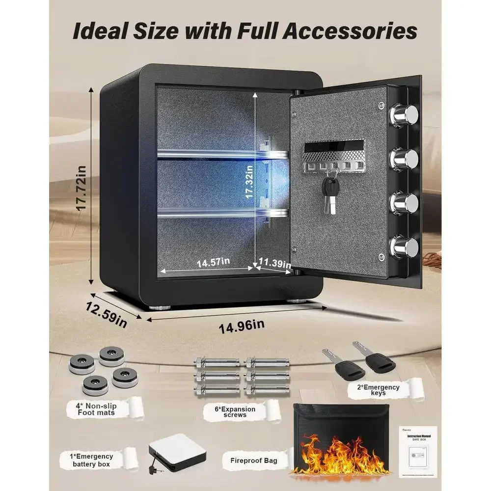 Biometric Safe Box with Fingerprint, Backlit Keypad, Dual Alarm, Steel Construction, LED Light, 12.59 X 14.96 X17.72