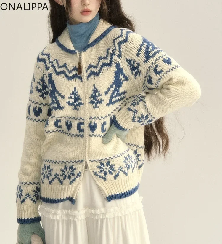 Onalippa Christmas Tree Snowflake Jacquard Sweater Contrast Zipper Peter Pan Collar Cardigans Korean Casual Knitted Cardigan