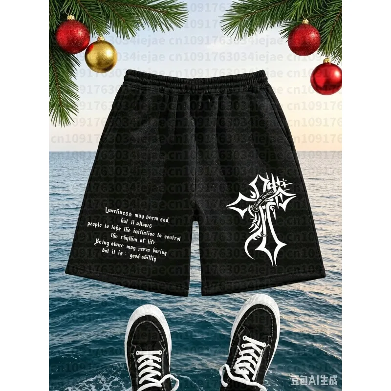 Men's Casual Athletic Shorts Black with Gothic Cross Print Elastic Waistband Drawstring Lightweight Regular for Casual Tops
