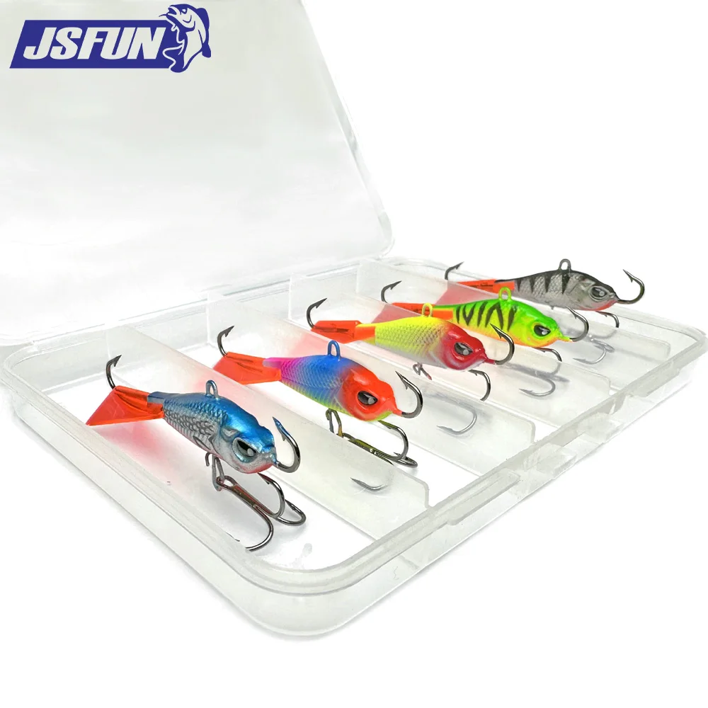 Eisfischen-Jig-Köder-Set – 2 Größen (5,5 cm/7 g und 6,5 cm/15 g), jeweils 5 Farben mit Kunststoff-Aufbewahrungsbox, lebensechte Angelköder mit Sh