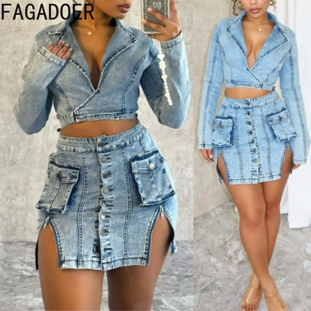 

FAGADOER Sexy Hollow Out Denim Mini Dress Women Irregular Deep V Buttons Cargo Pocket Bodycon Dress Streetwear Autumn Winternew