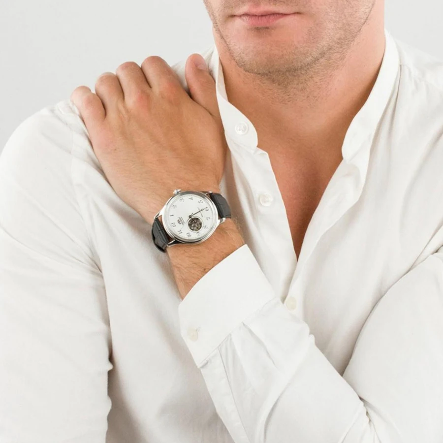 ساعة أورينت ساعة ميكانيكية يابانية أوتوماتيكية بالكامل مع هيكل عظمي شفاف وساعة يد رجال الأعمال الخلفية