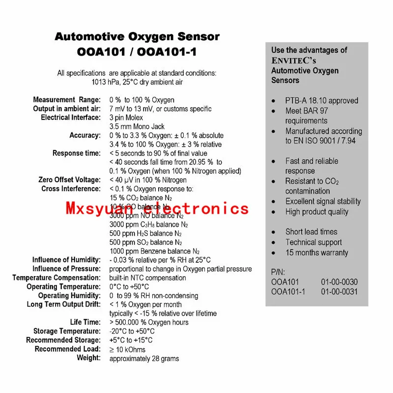 OOA101-1 Aluminum boxed long life oxygen sensor OOA101 00A101-1 ENVITEC Oxygen Sensor Oxiplus A Original authentic 00A101