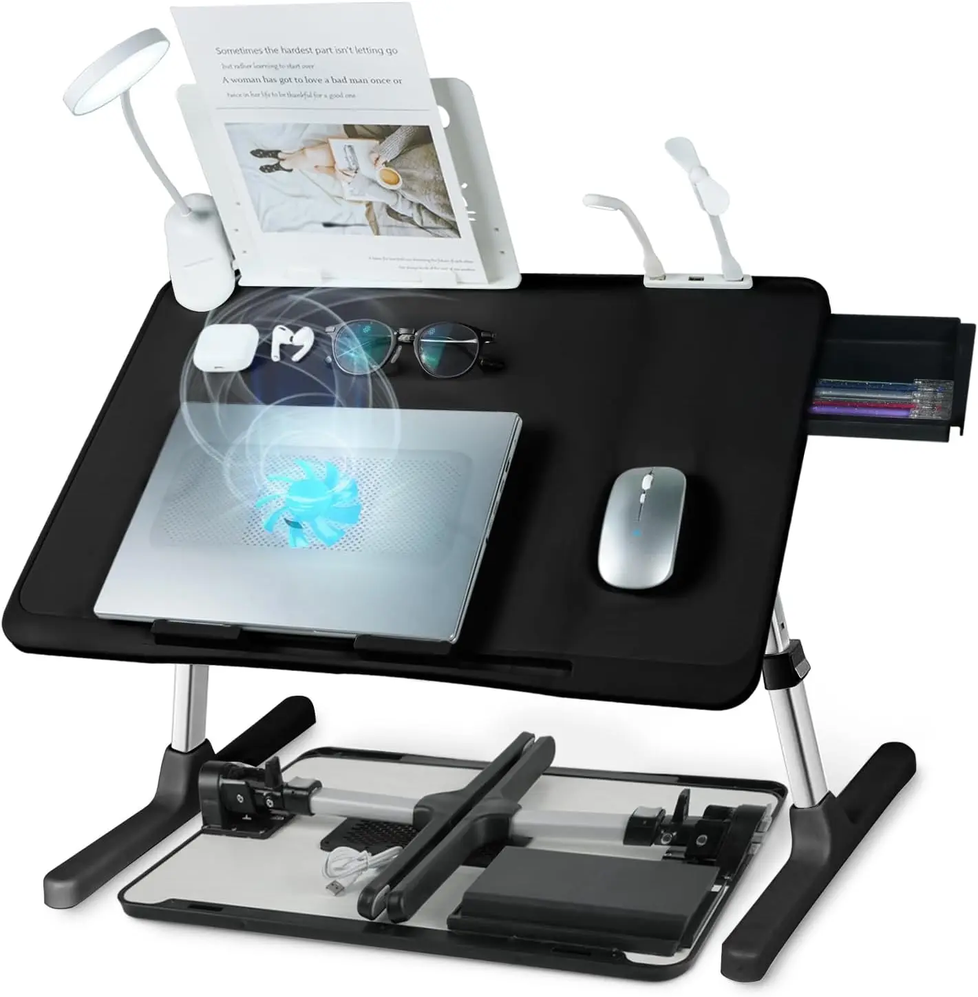

Adjustable Laptop Lap Desk with Cooling Fan, Light, USB Port & Storage Drawer - Foldable Bed Table, 23.62"*15.74", Black